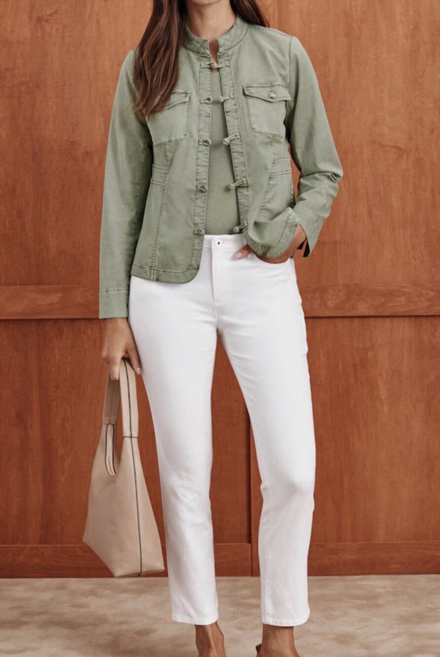 New J.Jill Cotton-Twill Knot Button Jacket Light Eucalyptus Petite M NWT